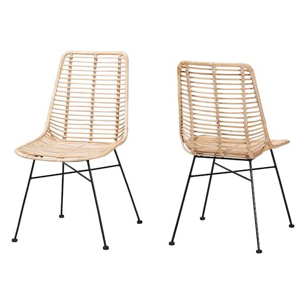 Baxton Studio Manhattan Modern Bohemian Natural Brown Rattan and Black Metal 2-Piece Dining Chair Set 231-2PC-12818-ZORO - main